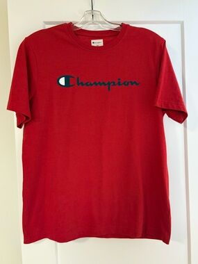Champion Red Crewneck Tee with Blue Logo Tag